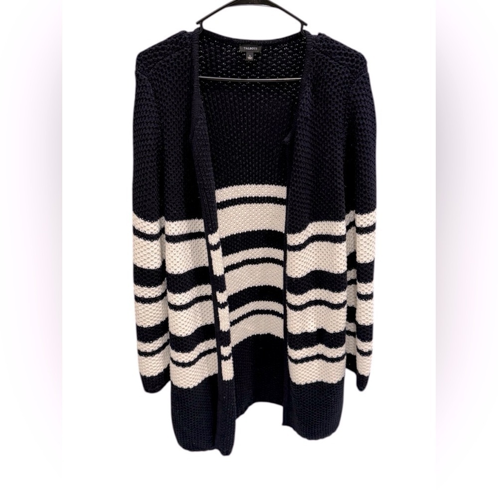 Talbots Womens Blue White Open Front Long Sweater Top Size Large
